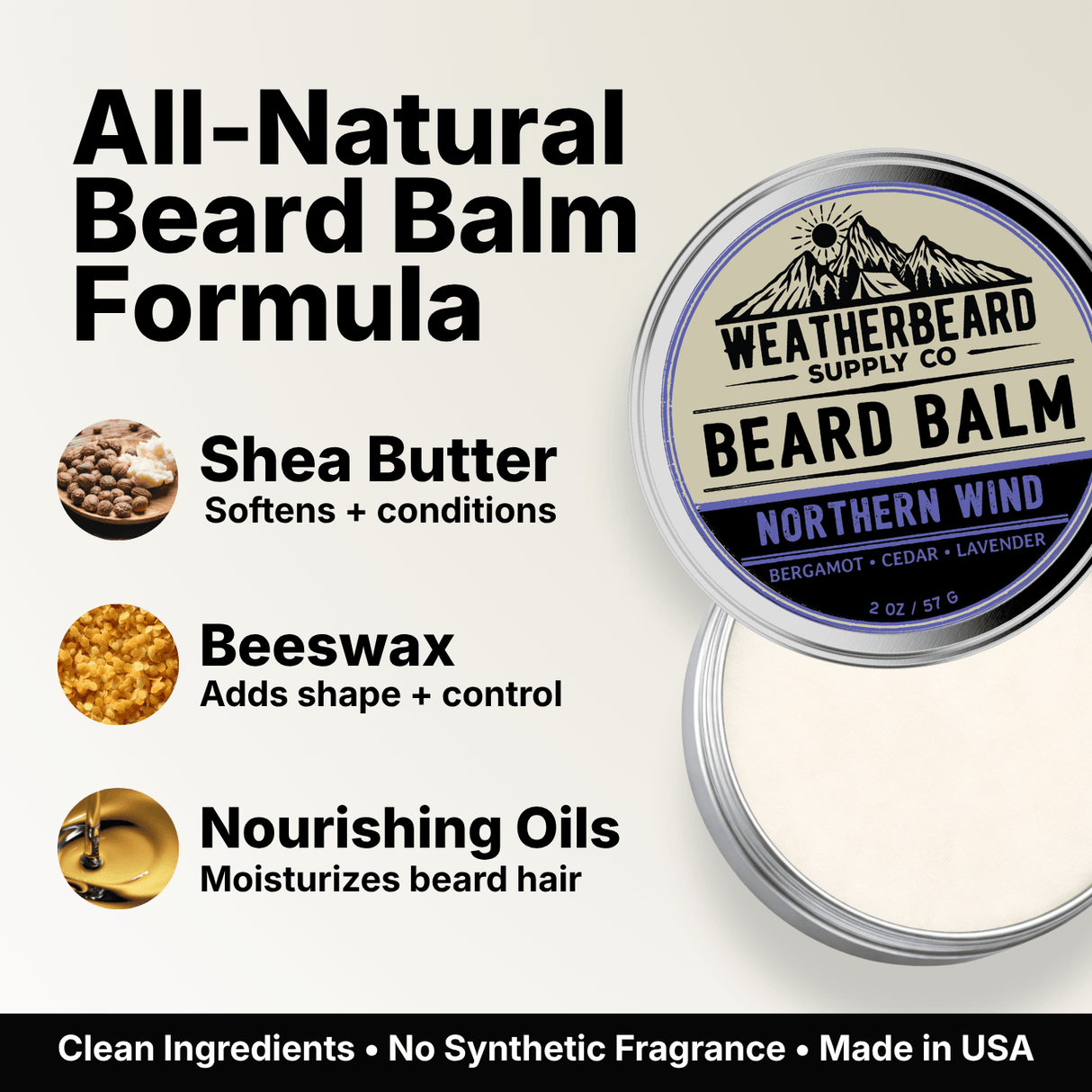 Northern Wind Beard balm container with ingredients listed on a beige background