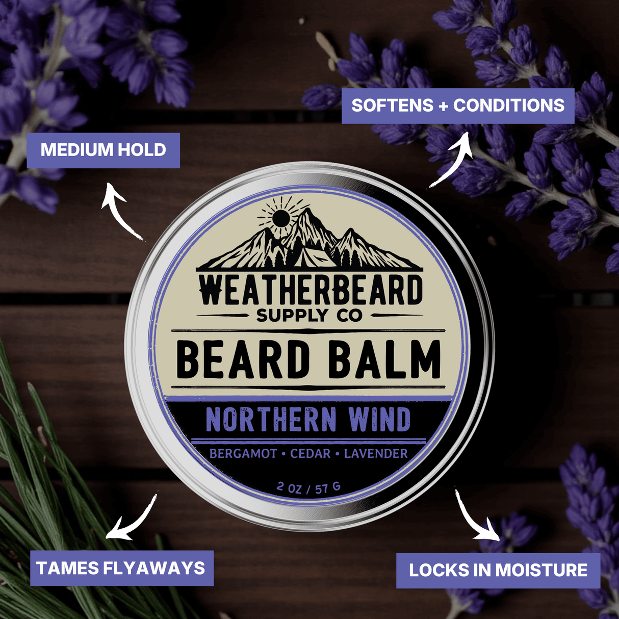 Weatherbeard Supply Co. Northern Wind Beard Balm container with lavender and mountain design on a wooden background.