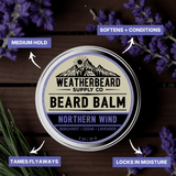 Weatherbeard Supply Co. Northern Wind Beard Balm container with lavender and mountain design on a wooden background.