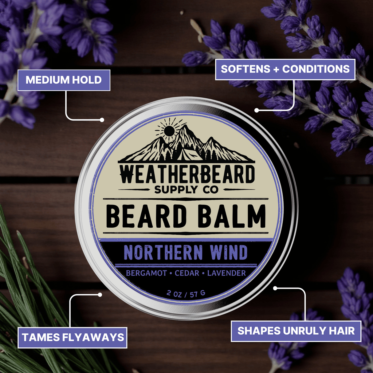 Tin of Weatherbeard Supply Co's Northern Wind beard balm container on a wooden background with product highlights featured