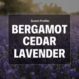 Text 'Scent Profile: Bergamot Cedar Lavender' over a blurred background of lavender flowers.