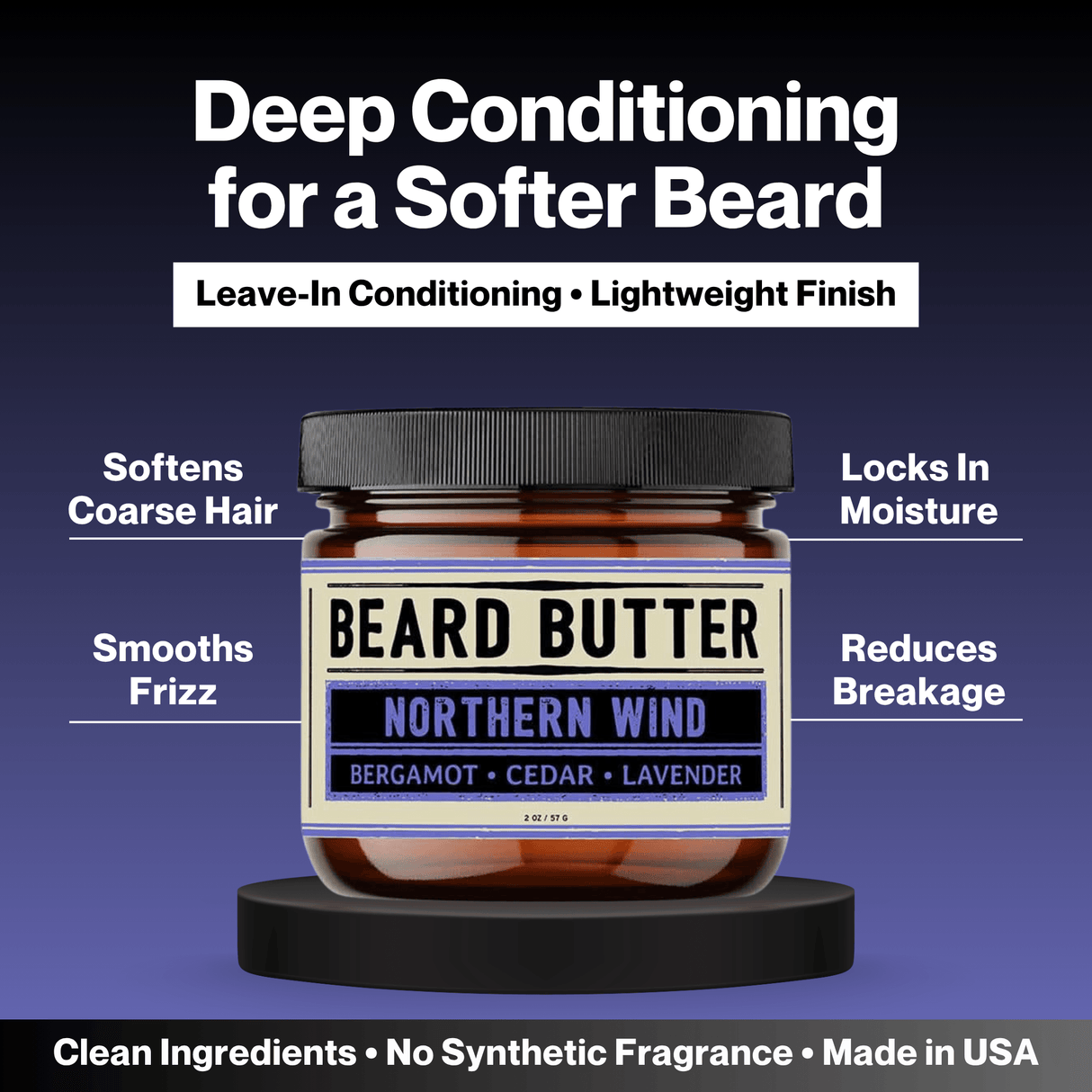 Jar of Northern Wind beard butter with text highlighting its benefits on a purple gradient background