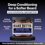 Jar of Northern Wind beard butter with text highlighting its benefits on a purple gradient background