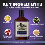 Bottle of Weatherbeard Supply Co's Northern Wind Beard Conditioner with key ingredients highlighted