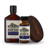 Weatherbeard Supply Co. beard care kit including beard wash, beqard oil, and wooden beard brush on a white background.