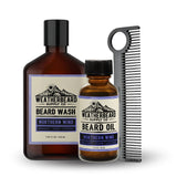 Beard care products including wash, oil, and comb from Weatherbeard Supply Co on a white background