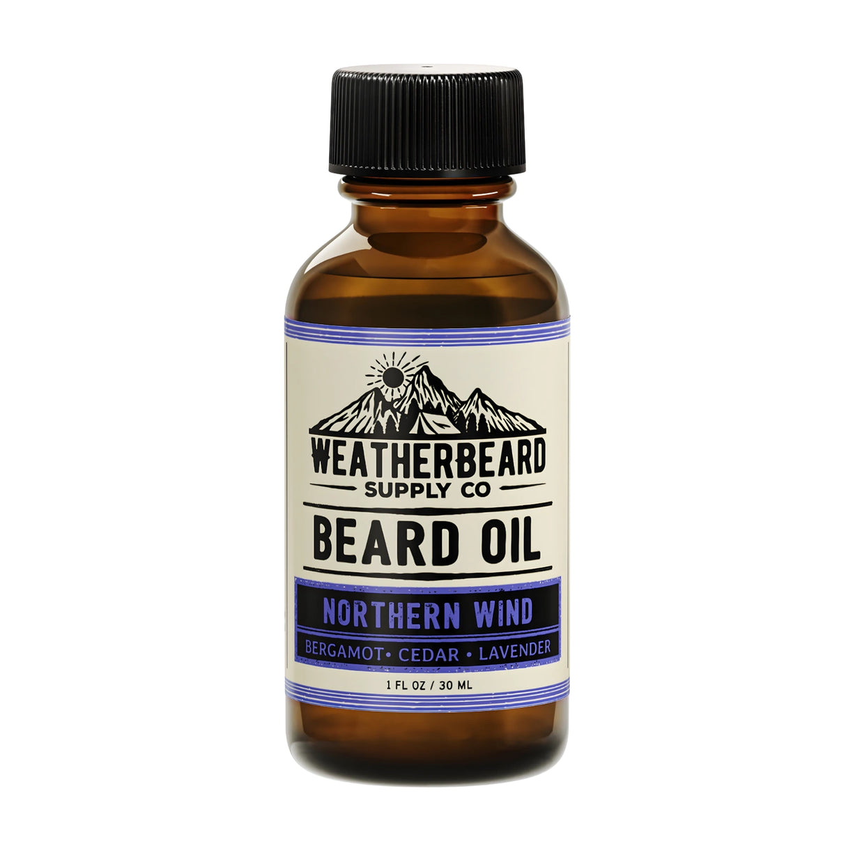 Bottle of Weatherbeard Supply Co. Northern Wind beard oil on a white background
