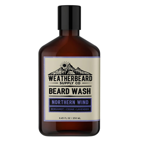 Bottle of Weatherbeard Supply Co Northern Wind beard wash on a white background