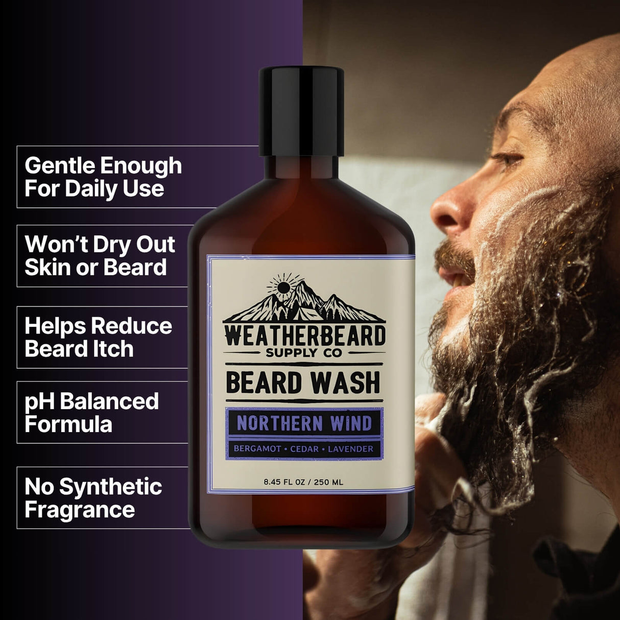 Bottle of Weatherbeard Supply Co's Northern Wind Beard Wash with benefits listed beside it
