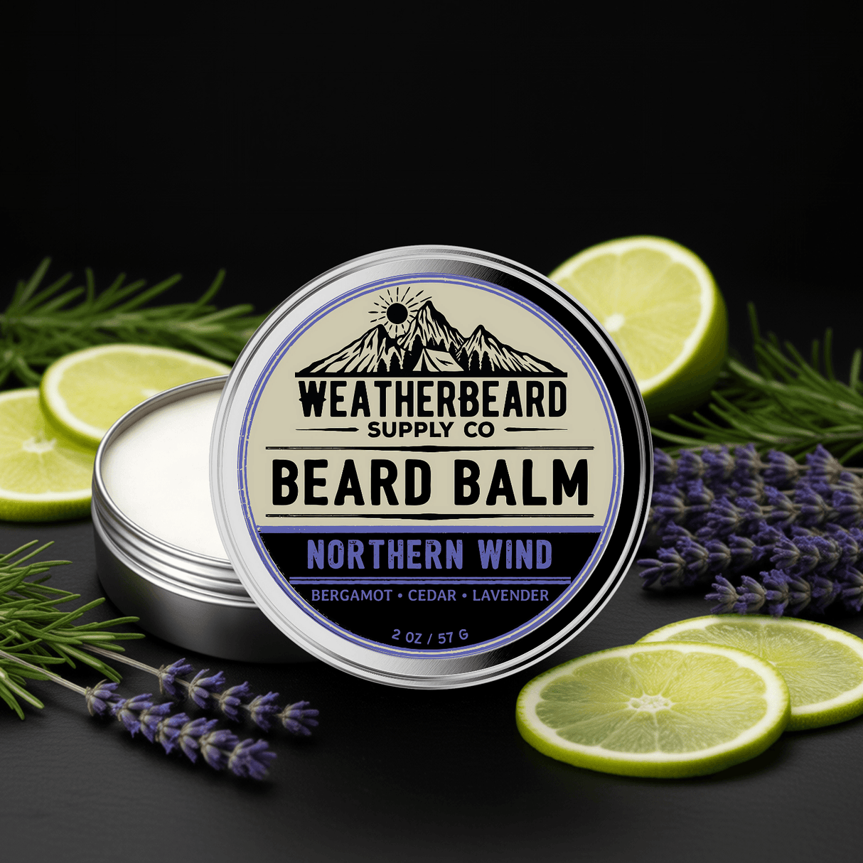 Beard balm container with 'Weatherbeard Supply Co' branding, surrounded by lime slices and lavender on a dark background.