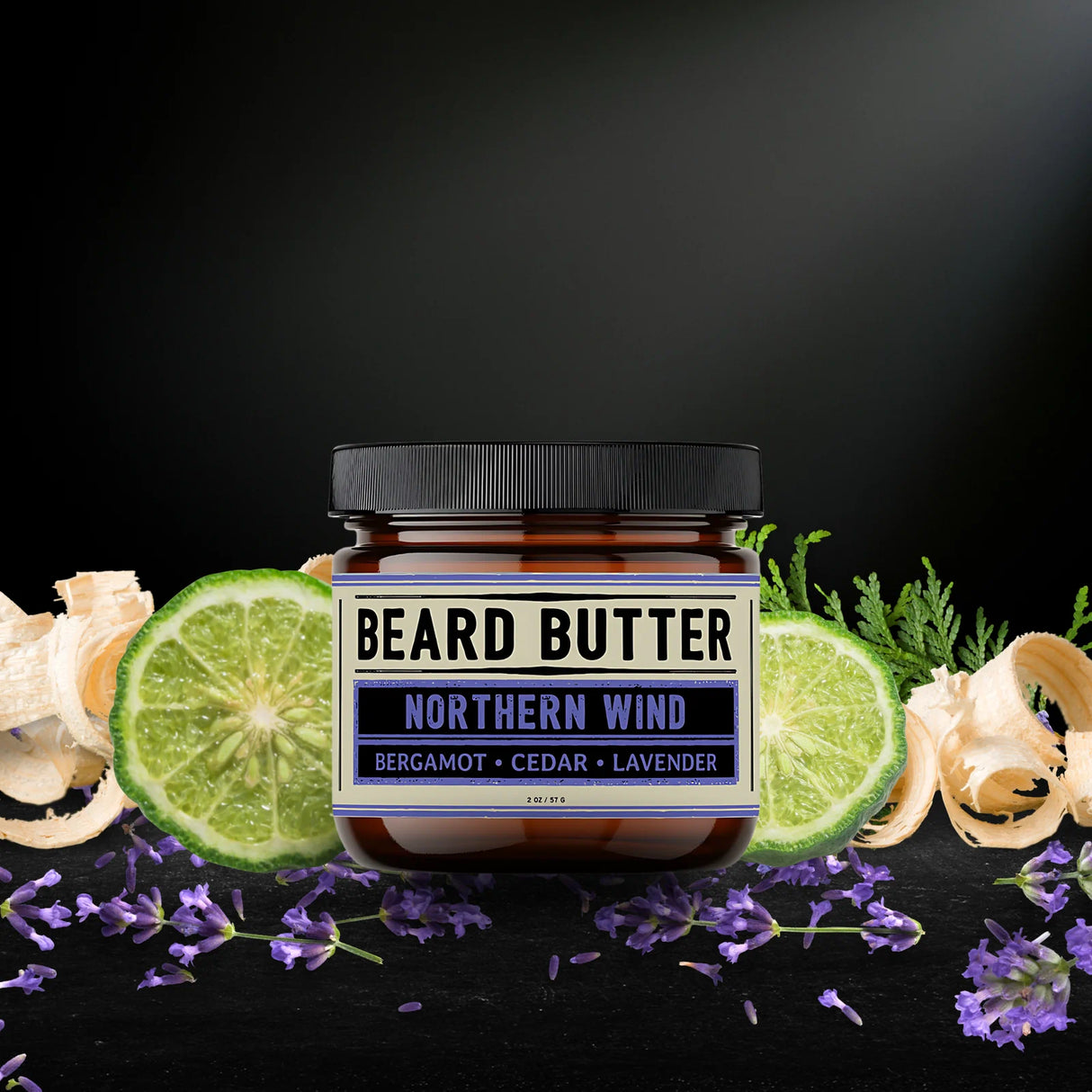 Jar of beard butter labeled 'Northern Wind' with natural elements on a dark background