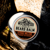 Weatherbeard Supply Co. Citrus Hollow Beard Balm container on a wooden surface