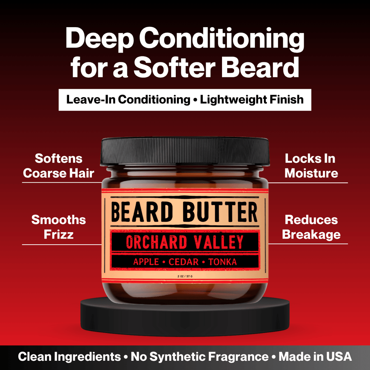 A jar of Beard Butter leave-in conditioning hair product centered on a dark red background with marketing text. The amber jar has a black lid and a tan-and-black label reading 'Beard Butter Orchard Valley Apple Cedar Tonka.