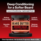 A jar of Beard Butter leave-in conditioning hair product centered on a dark red background with marketing text. The amber jar has a black lid and a tan-and-black label reading 'Beard Butter Orchard Valley Apple Cedar Tonka.