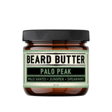 Jar of beard butter labeled 'Palo Peak' with a black lid on a white background
