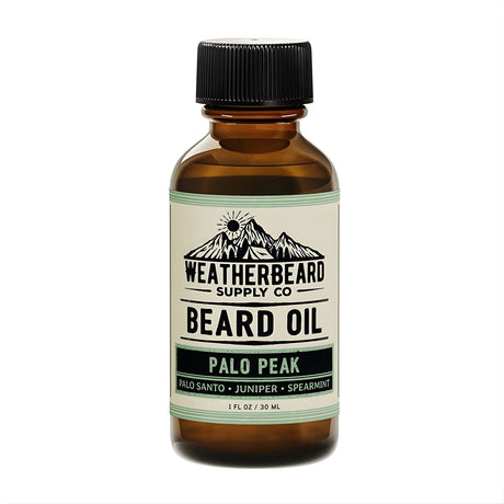 Brown bottle of Weatherbeard Supply Co. Palo Peak beard oil with a label on a white background