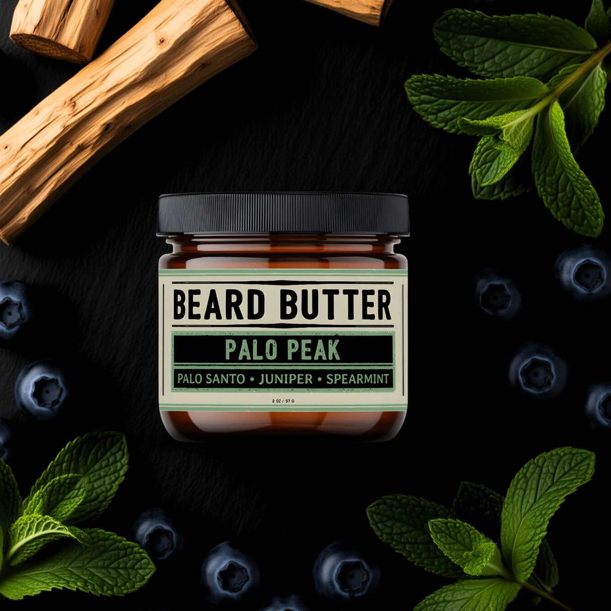 Jar of beard butter labeled 'Palo Peak' surrounded by natural elements on a dark background