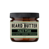 Jar of beard butter labeled 'Palo Peak' with a black lid on a white background