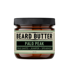 Jar of beard butter labeled 'Palo Peak' with a black lid on a white background
