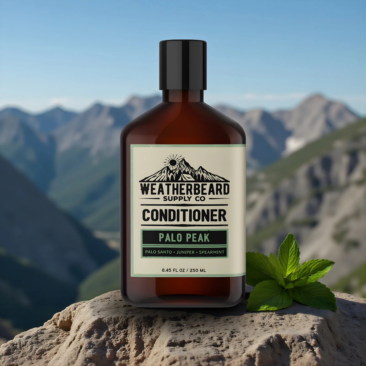 Bottle of Weatherbeard Supply Co's beard conditioner with a mountainous background