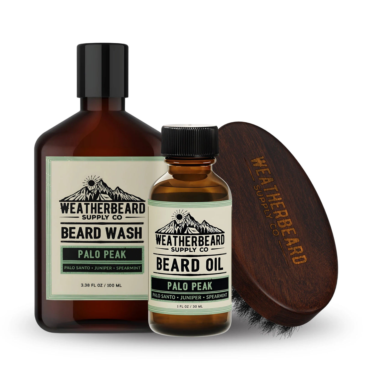Weatherbeard Supply Co. beard care products including beard wash, oil, and wooden boar's hair beard brush on a white background.