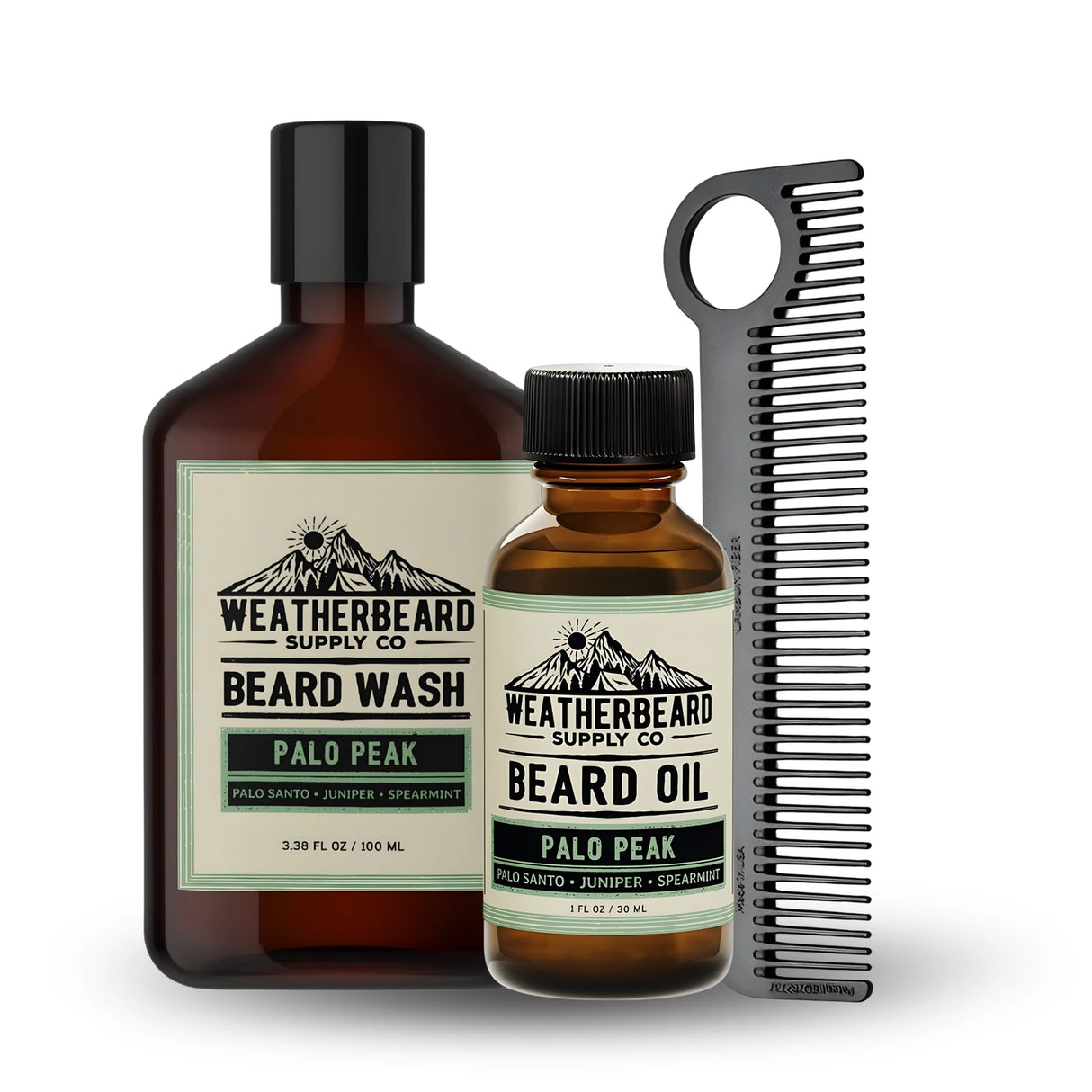 Weatherbeard Supply Co. Palo Peak beard care kit with beard oil, wash, and comb on a white background
