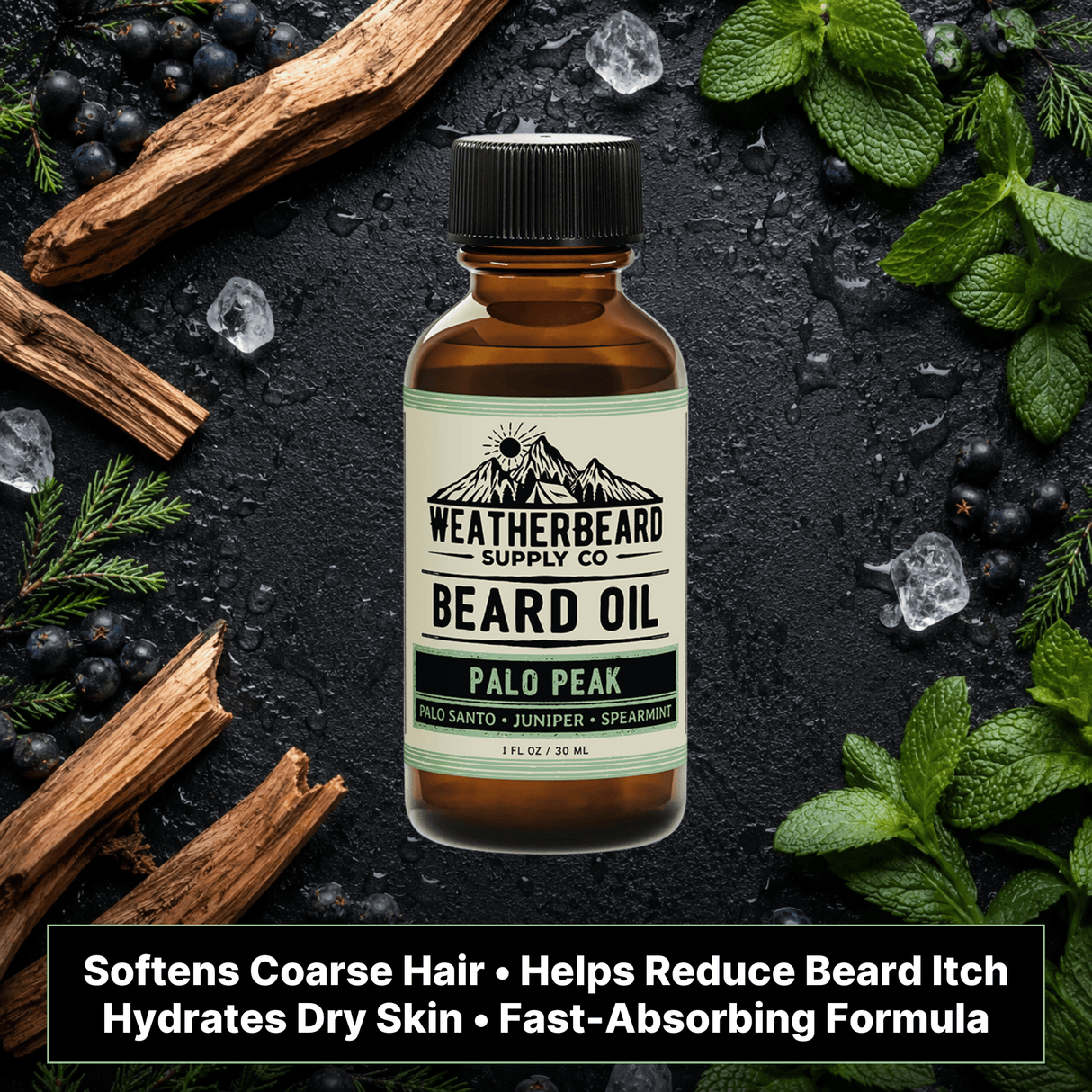 Bottle of Weatherbeard Supply Co. Palo Peak beard oil surrounded by natural elements on a dark background