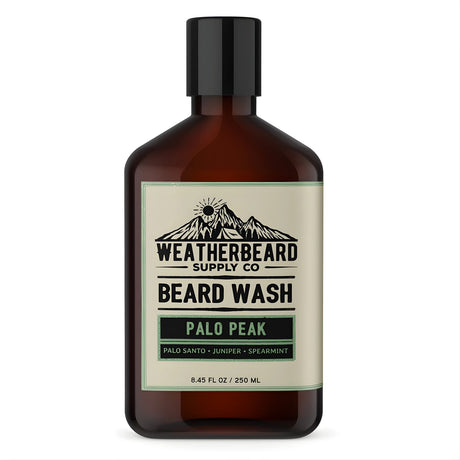 Bottle of Weatherbeard Supply Co. Beard Wash Palo Peak on a white background