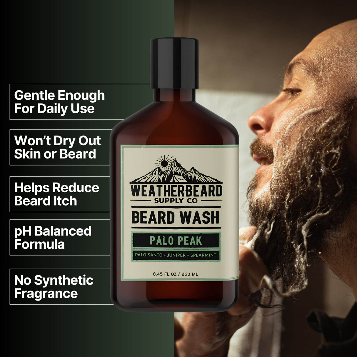 Bottle of Weatherbeard Supply Co's Palo Peak Beard Wash with benefits listed beside it