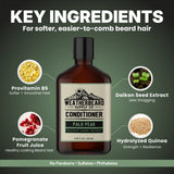 Bottle of Weatherbeard Supply Co's Palo Peak beard conditioner with key ingredients highlighted