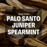 Palo Santo wood sticks with text overlay 'Scent Profile: Palo Santo Juniper Spearmint' on a dark background