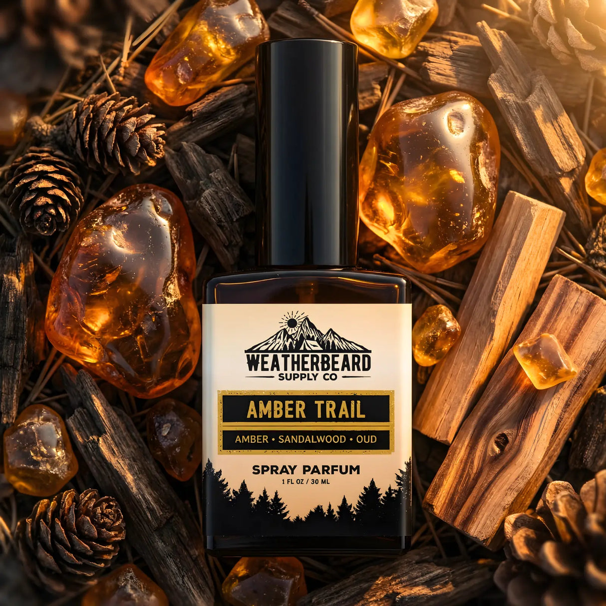 Weatherbeard Supply Co Amber Trail spray parfum surrounded by amber stones and wood.