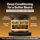 An amber jar of Beard Butter Peachwood Pass leave-in conditioning hair product displayed on a black pedestal against a dark gradient background. Text callouts around the jar describe benefits: softens coarse hair, locks in moisture, smooths frizz, and reduces breakage.