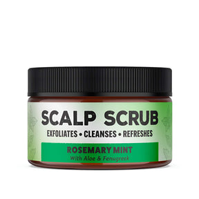 A jar of Scalp Scrub Rosemary Mint exfoliating scalp scrub with a black ribbed lid, brown container, and a green and white label, shown on a plain white background.
