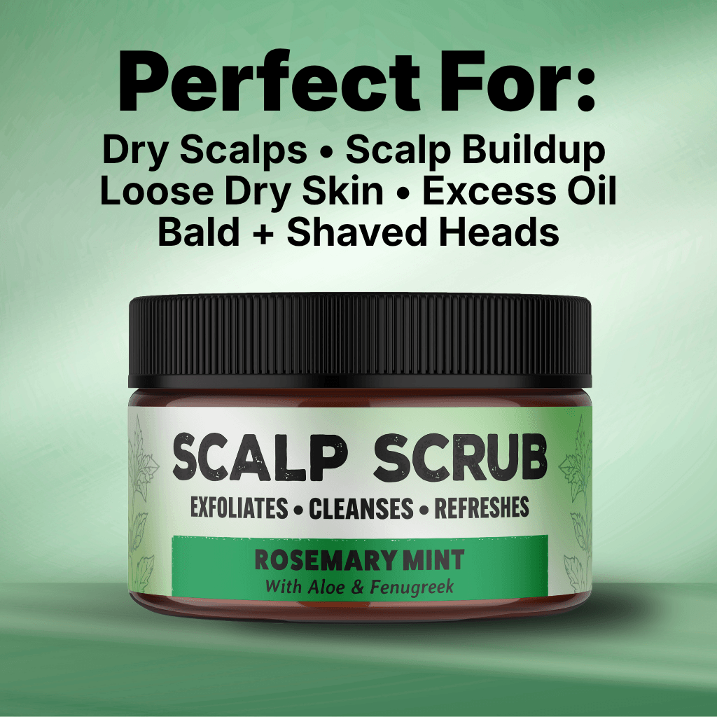 A jar of Scalp Scrub with Rosemary Mint scent, shown against a light green gradient background with promotional text listing benefits for dry scalp and oily hair.