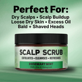 A jar of Scalp Scrub with Rosemary Mint scent, shown against a light green gradient background with promotional text listing benefits for dry scalp and oily hair.