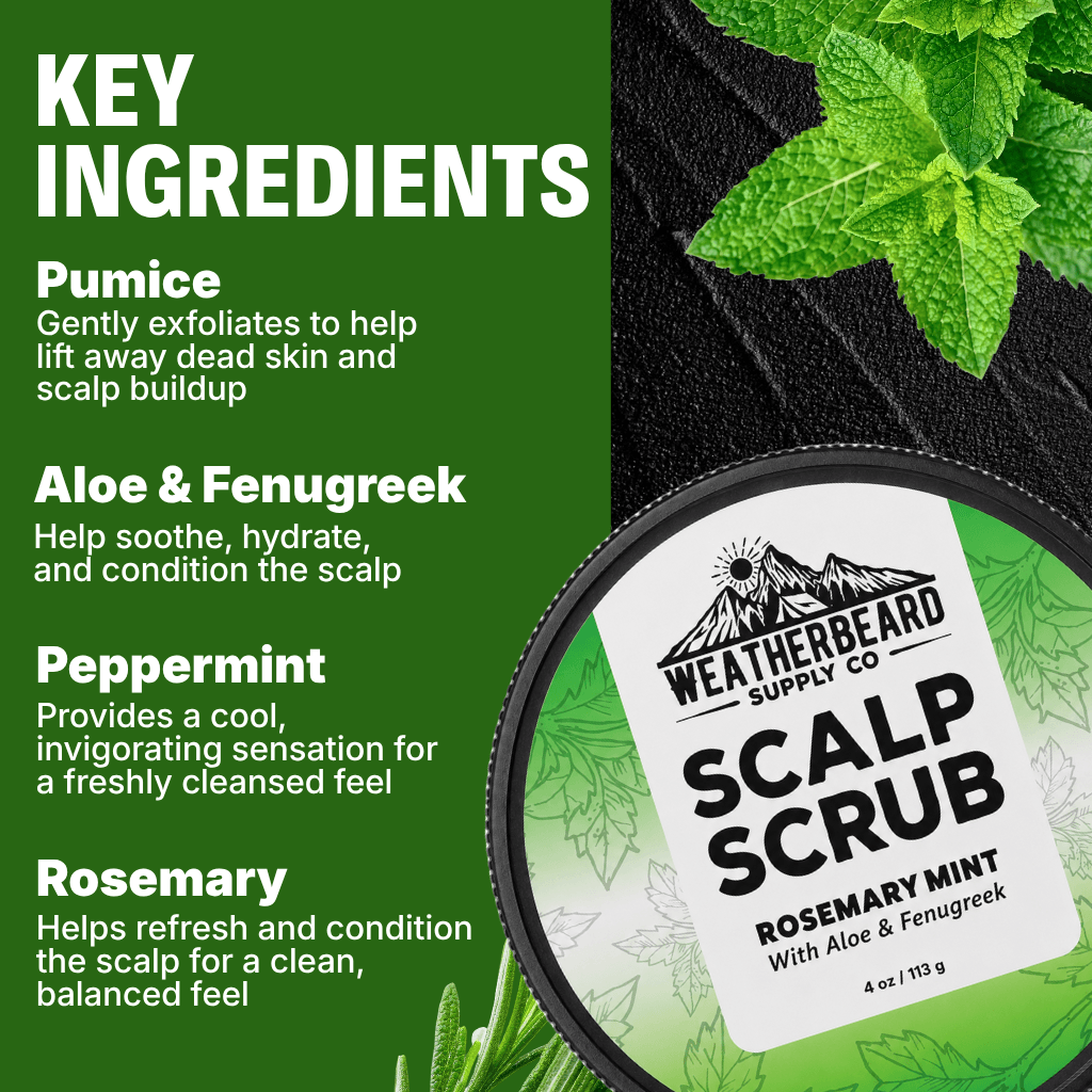 Weatherbeard Supply Co. Scalp Scrub Rosemary Mint in a round black container, shown on a dark textured background with mint leaves and a green informational panel detailing key ingredients.
