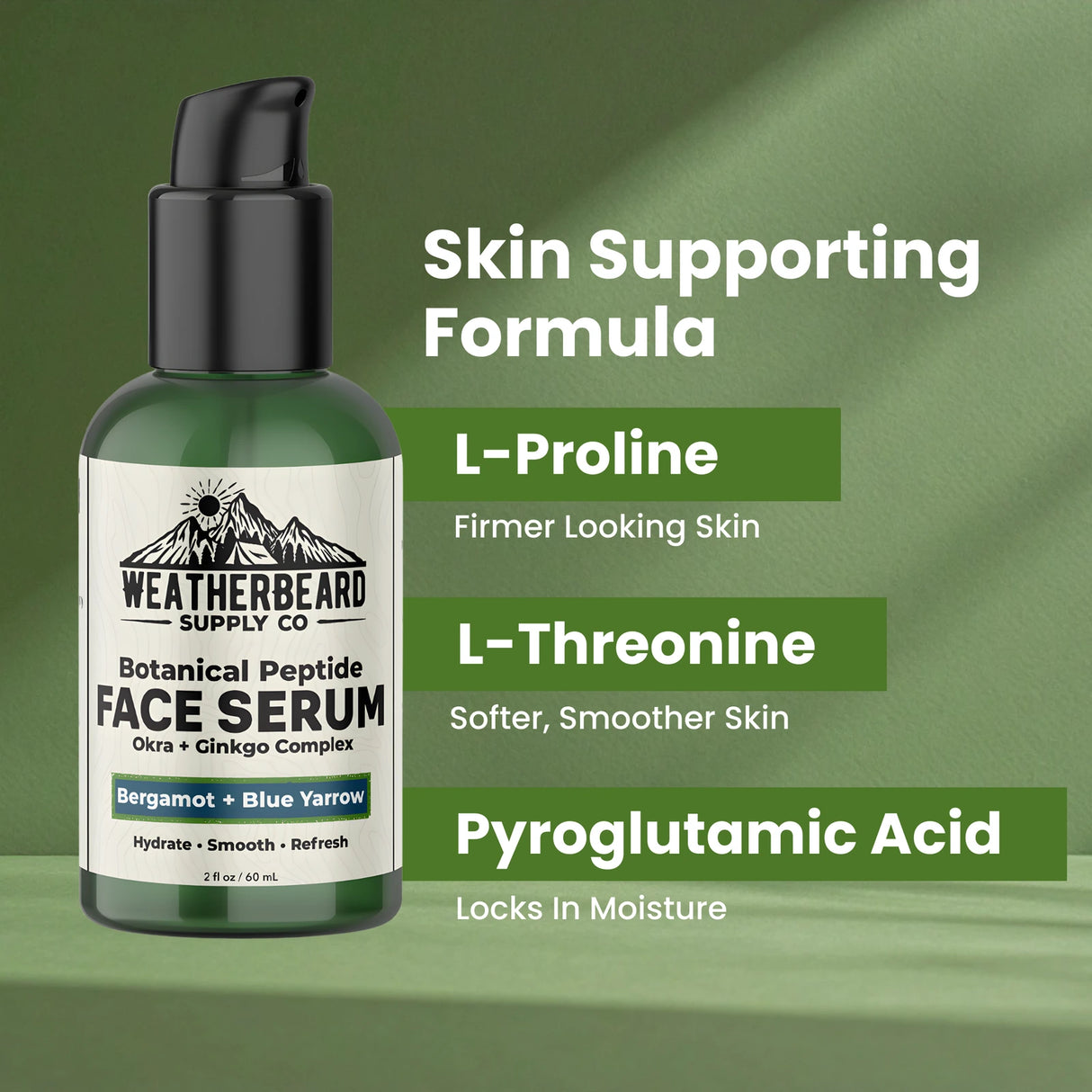 Weatherbeard Supply Co. face serum bottle with green background and text about skin benefits.