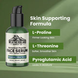 Weatherbeard Supply Co. face serum bottle with green background and text about skin benefits.