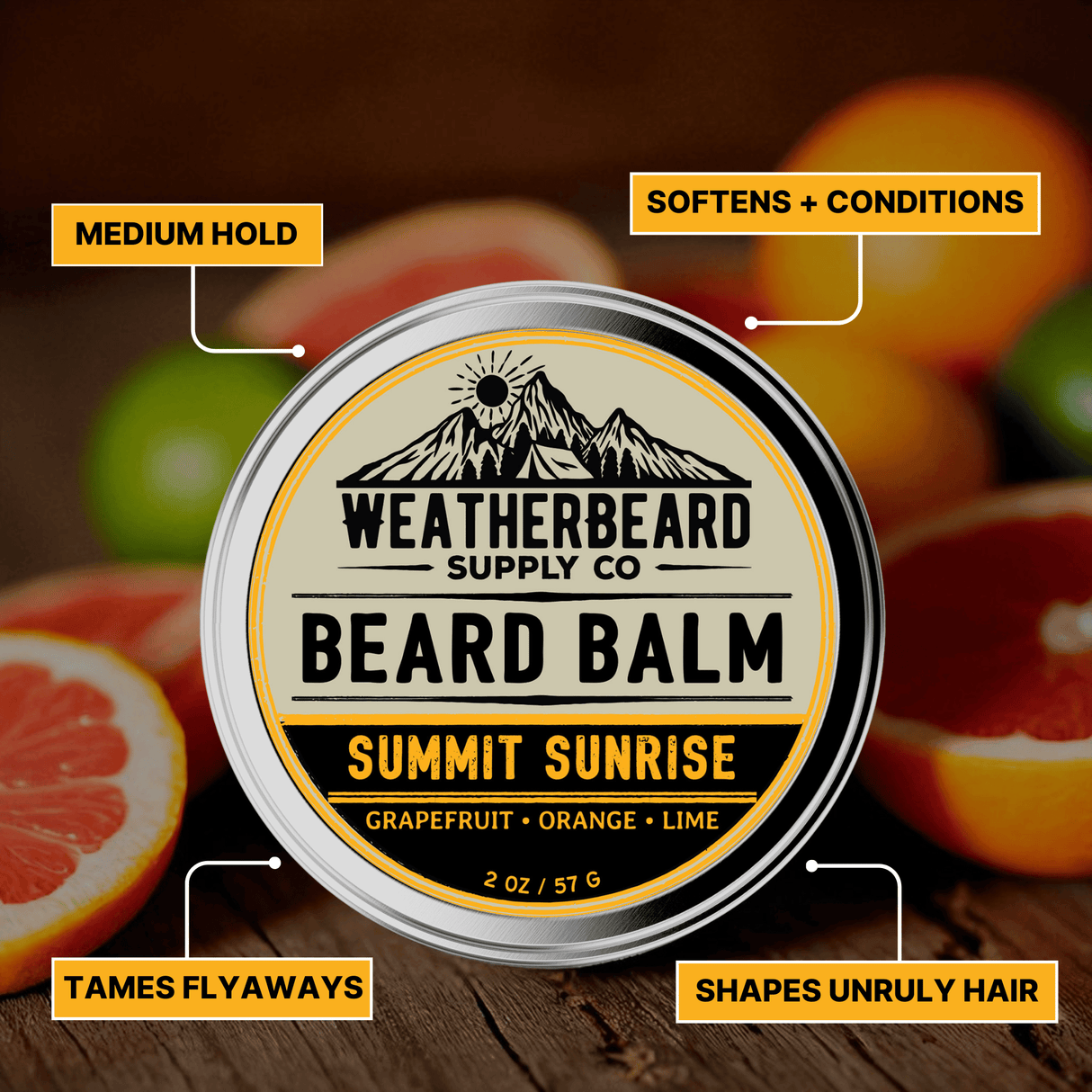 Weatherbeard Supply Co. Summit Sunrise beard balm container with features highlighted on a wooden background.