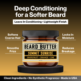 Jar of Summit Sunrise beard butter with text highlighting its benefits on a gradient background
