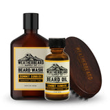 Weatherbeard Supply Co. beard care products including wash, oil, and a wooden brush on a white background.