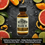 Bottle of Weatherbeard Supply Co. Summit Sunrise beard oil surrounded by citrus fruits on a dark background