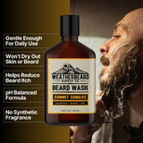 Bottle of Weatherbeard Supply Co's Summit Sunrise Beard Wash with benefits listed beside it