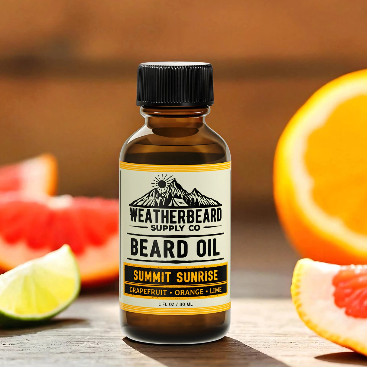 Bottle of Weatherbeard Supply Co. Summit Sunrise beard oil with citrus fruits in the background