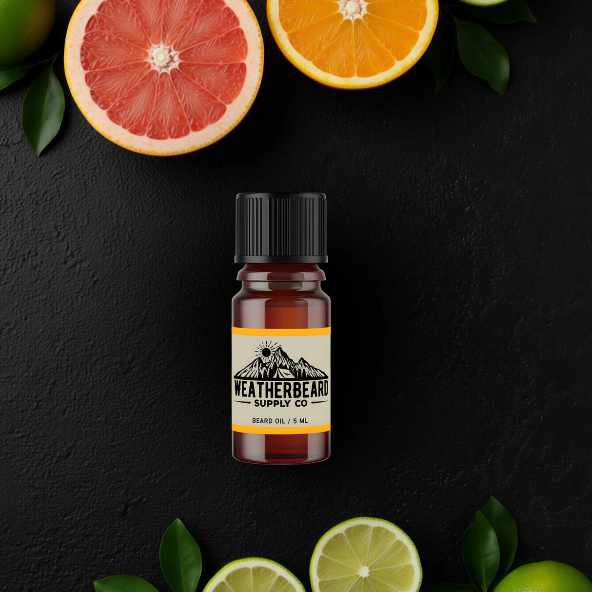 Bottle of Weatherbeard Supply Co. beard oil with citrus fruits on a dark background