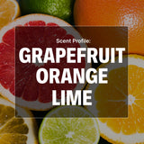 Sliced grapefruit, orange, and lime with text overlay 'Grapefruit Orange Lime Scent Profile'.