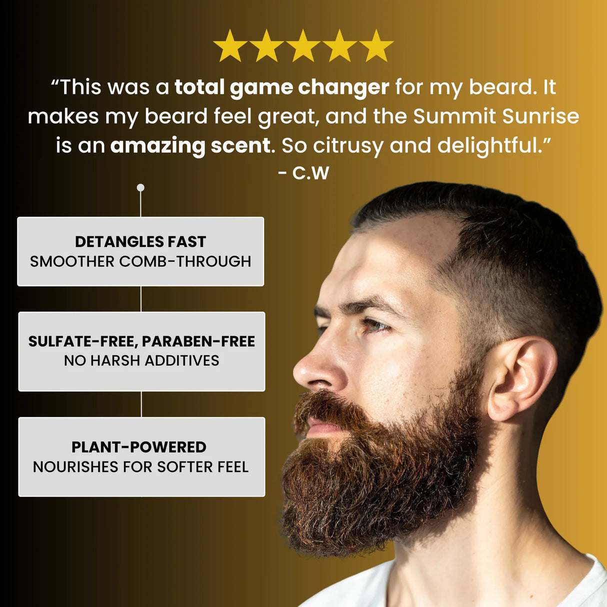 Man with a beard featuring beard conditioner product benefits and customer review on a yellow background