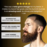 Man with a beard featuring beard conditioner product benefits and customer review on a yellow background