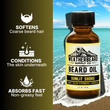 Bottle of Weatherbeard Supply Co's Sunlit Shore Limited Edition Beard Oil with product benefits listed
